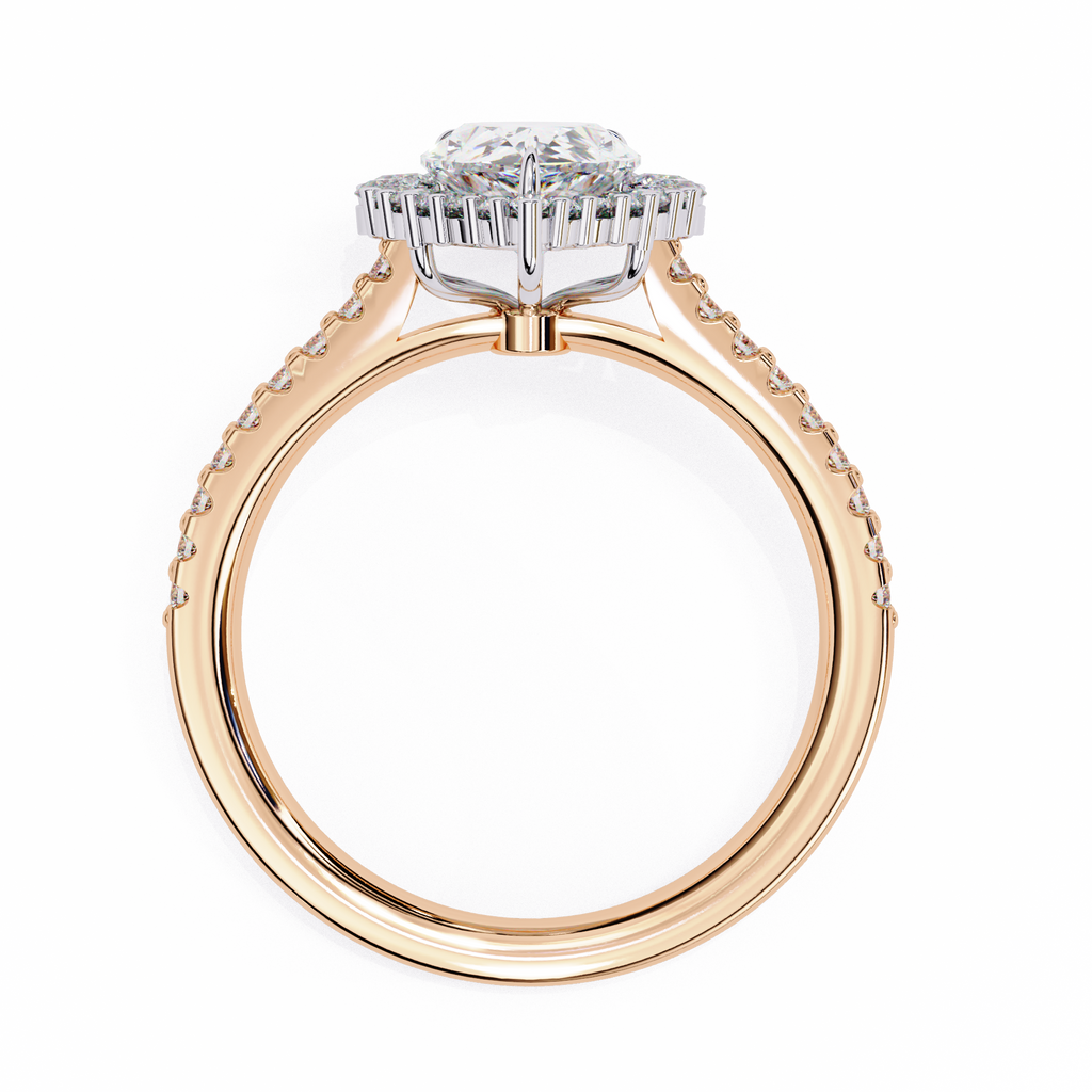 Rose Gold Pear Cut Diamond Halo Ring with Pavé Band