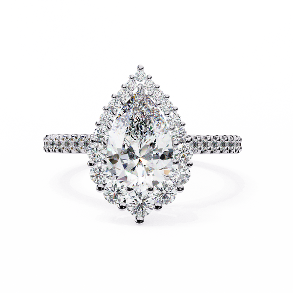 White Gold Pear Cut Diamond Halo Ring with Pavé Shoulders