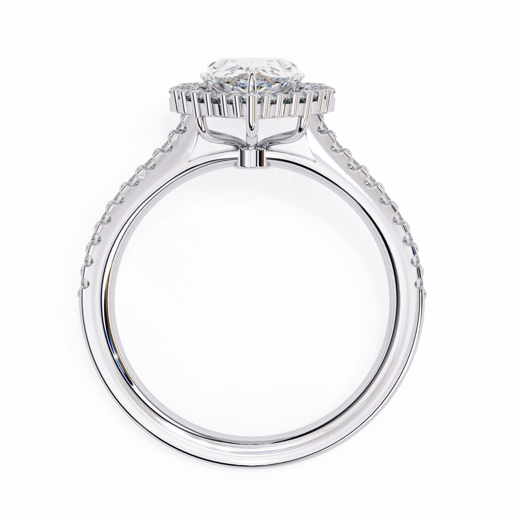 White Gold Pear Cut Diamond Halo Ring with Pavé Shoulders