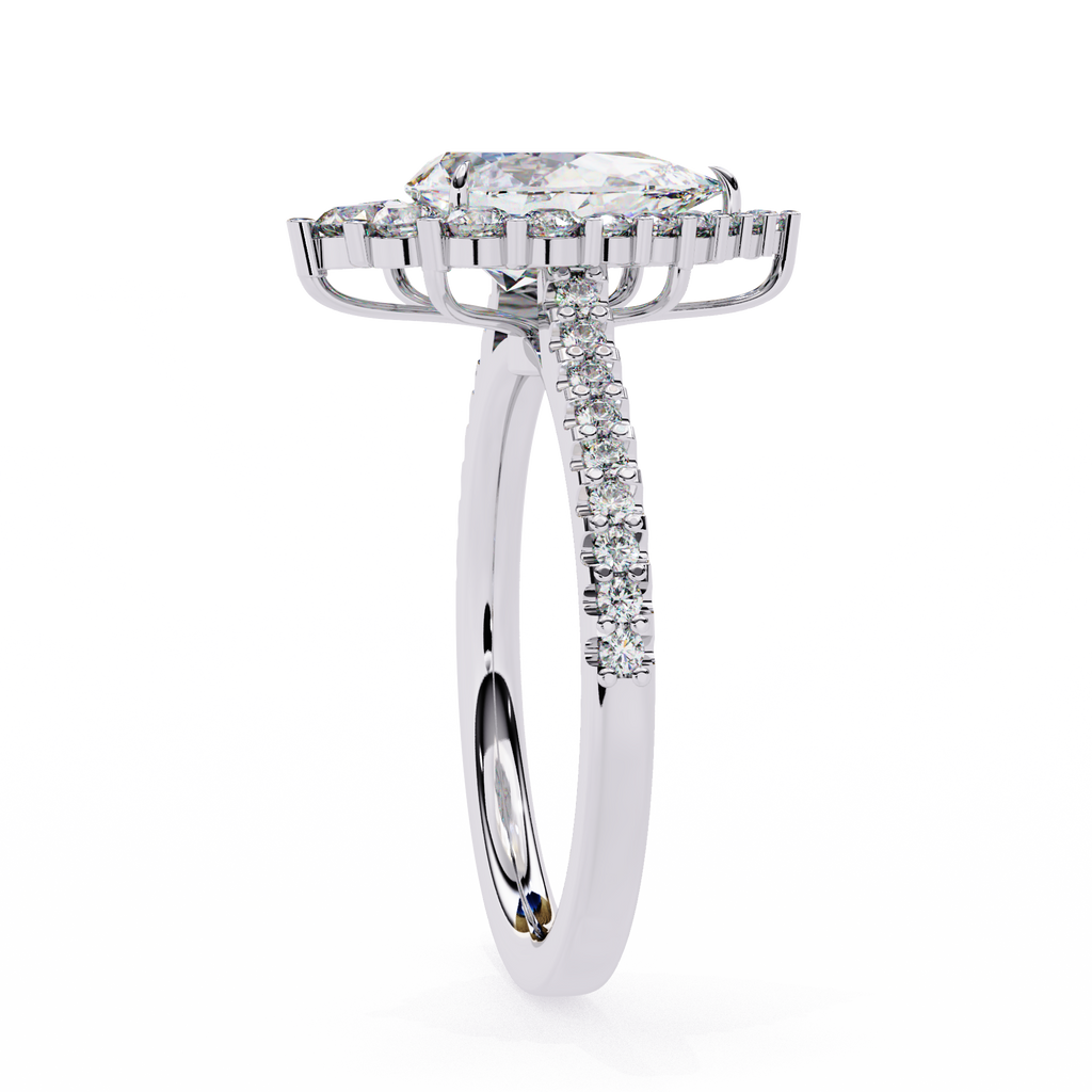 White Gold Pear Cut Diamond Halo Ring with Pavé Shoulders