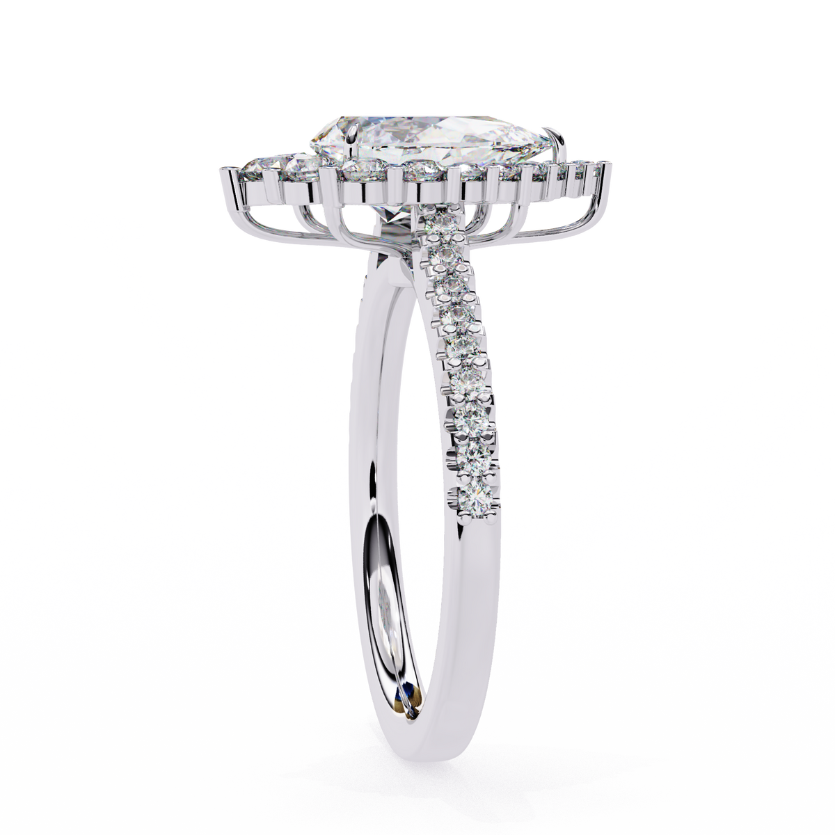 White Gold Pear Cut Diamond Halo Ring with Pavé Shoulders