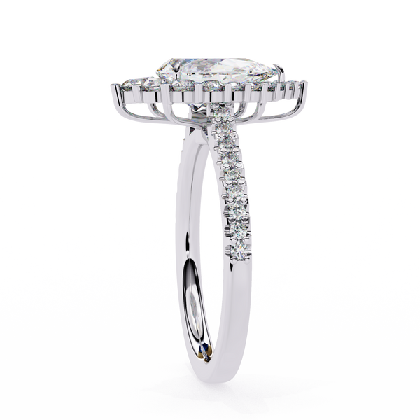 White Gold Pear Cut Diamond Halo Ring with Pavé Shoulders