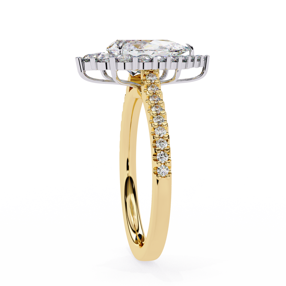 Yellow Gold Pear Cut Diamond Halo Ring with Pavé Band