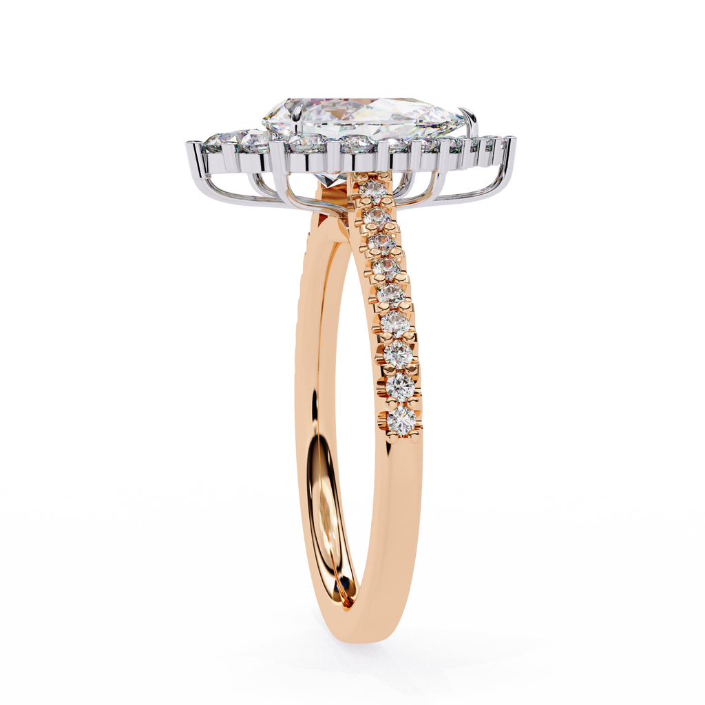 Rose Gold Pear Cut Diamond Halo Ring with Pavé Band