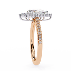 Rose Gold Pear Cut Diamond Halo Ring with Pavé Band