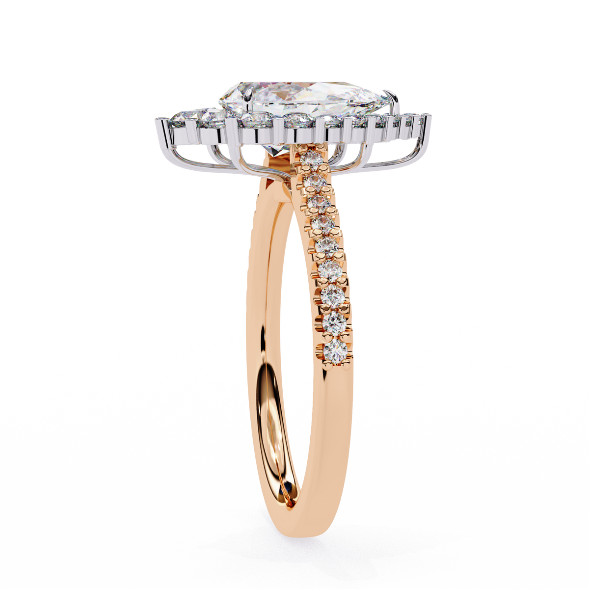 Rose Gold Pear Cut Diamond Halo Ring with Pavé Band
