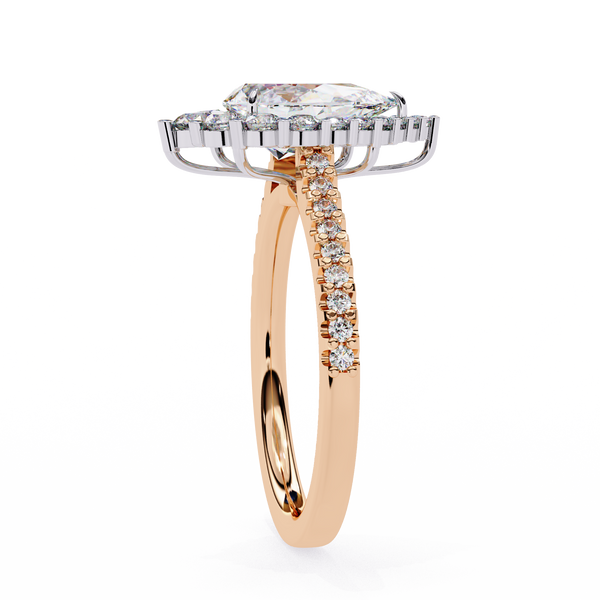 Rose Gold Pear Cut Diamond Halo Ring with Pavé Band