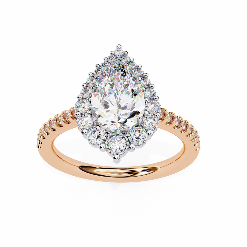 Rose Gold Pear Cut Diamond Halo Ring with Pavé Band