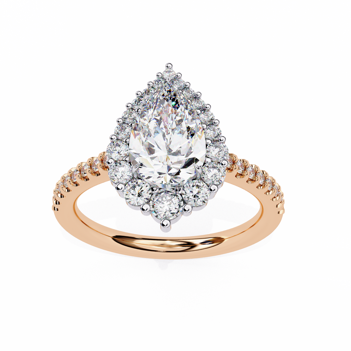 Rose Gold Pear Cut Diamond Halo Ring with Pavé Band