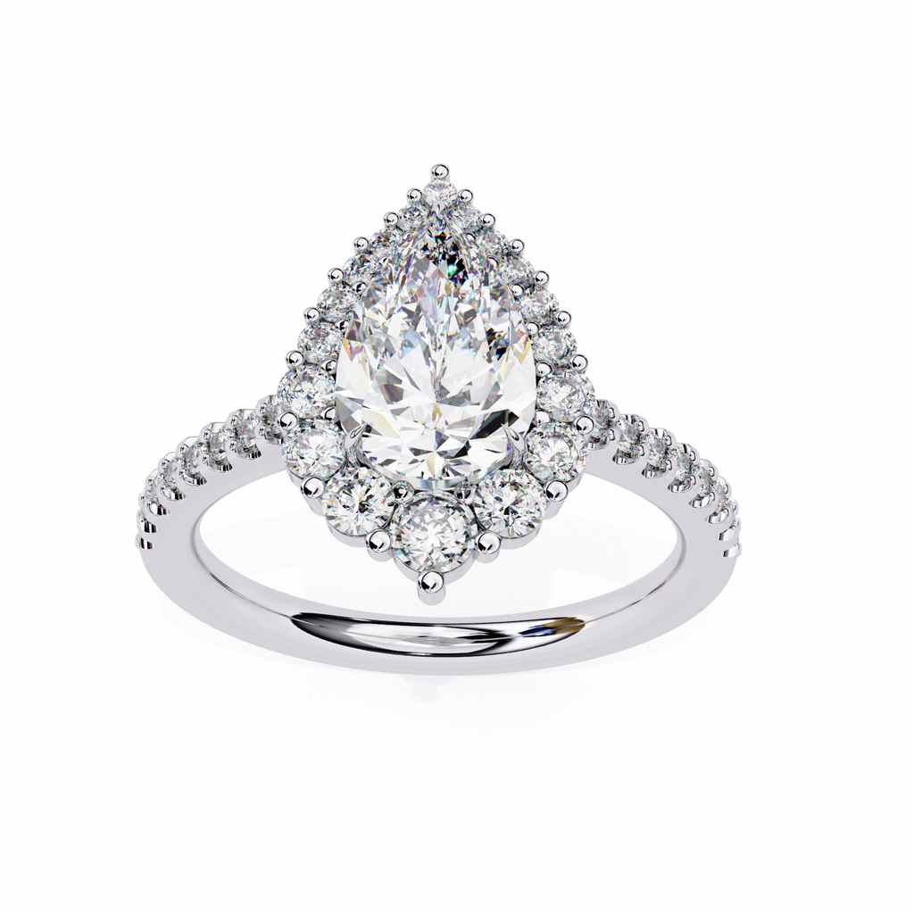 White Gold Pear Cut Diamond Halo Ring with Pavé Shoulders