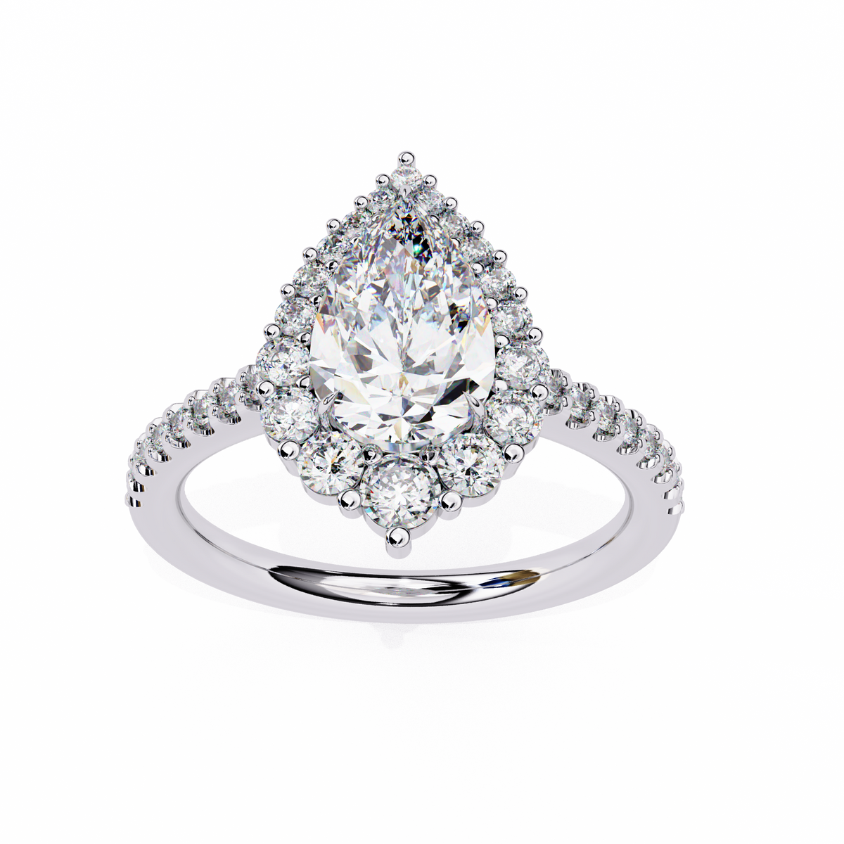 White Gold Pear Cut Diamond Halo Ring with Pavé Shoulders