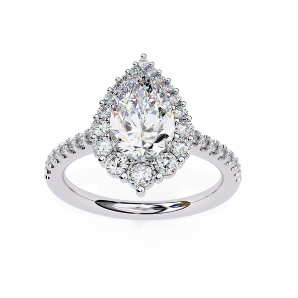 White Gold Pear Cut Diamond Halo Ring with Pavé Shoulders