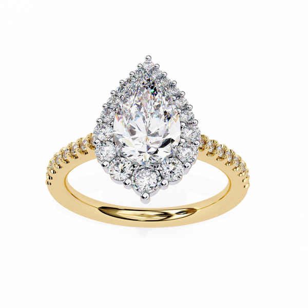 Yellow Gold Pear Cut Diamond Halo Ring with Pavé Band