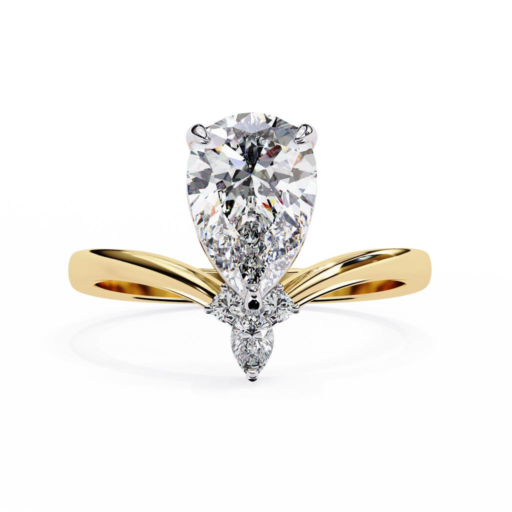 Yellow Gold Pear Cut Diamond Ring with Marquise and Round Crown Accent