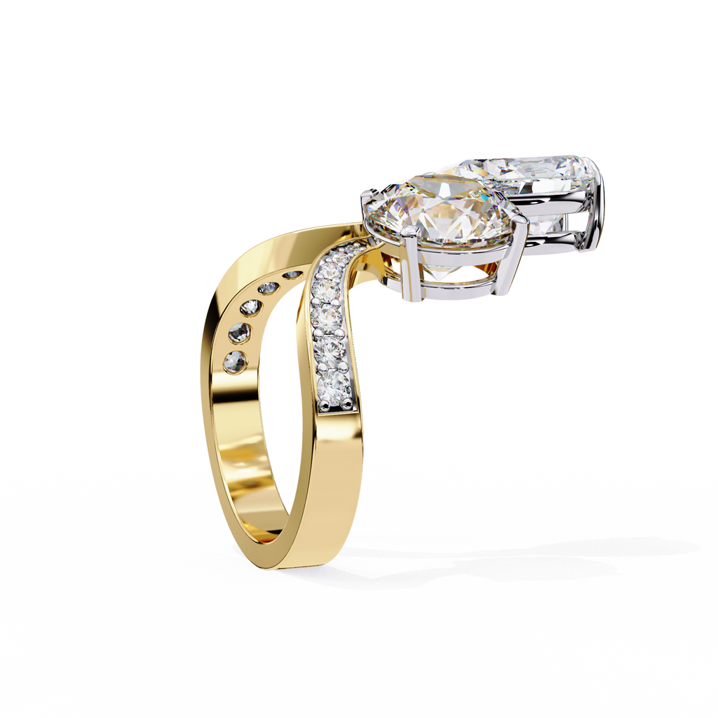 Yellow Gold Pear and Round Cut Diamond Toi et Moi Ring with Pavé Band