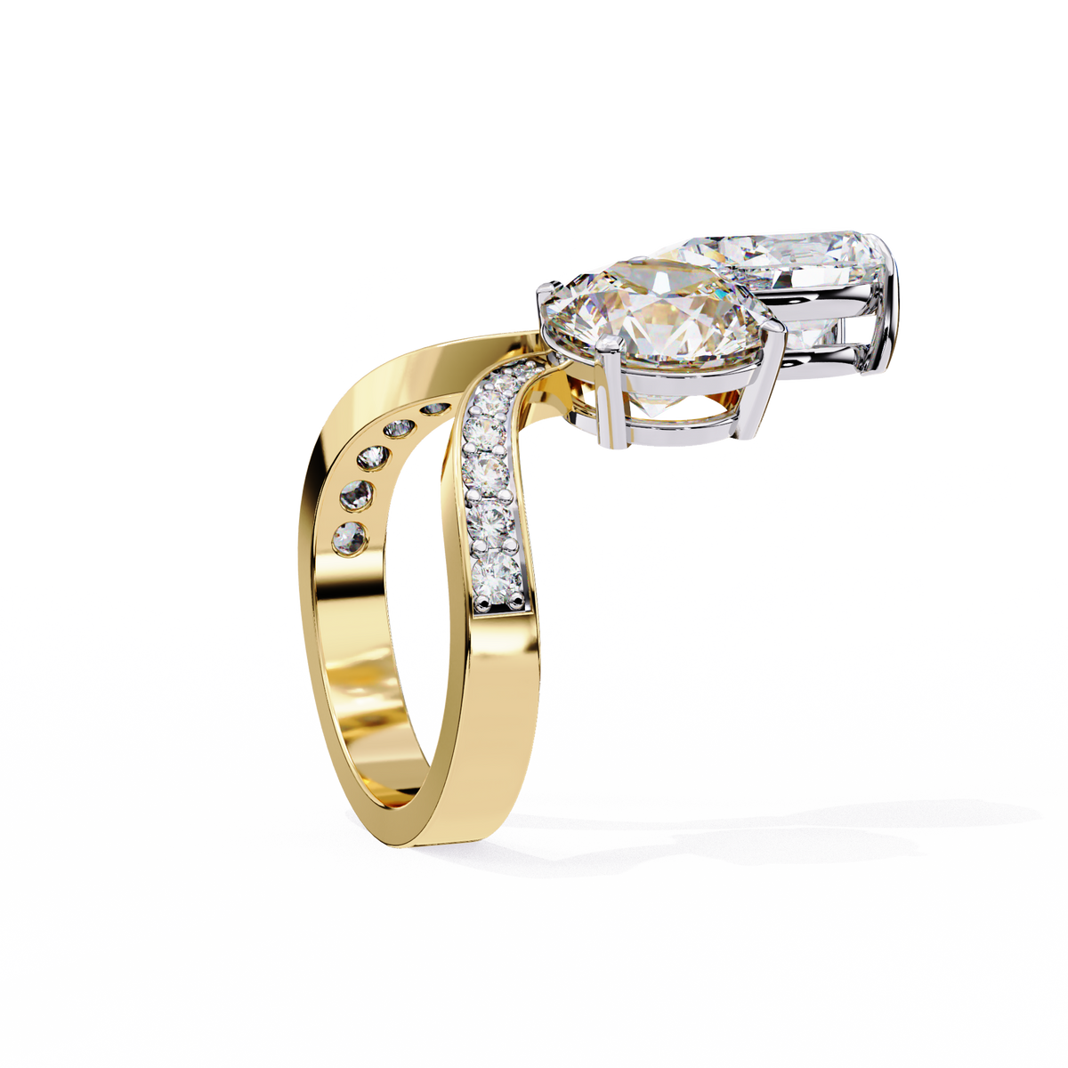 Yellow Gold Pear and Round Cut Diamond Toi et Moi Ring with Pavé Band
