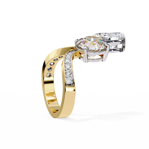 Yellow Gold Pear and Round Cut Diamond Toi et Moi Ring with Pavé Band