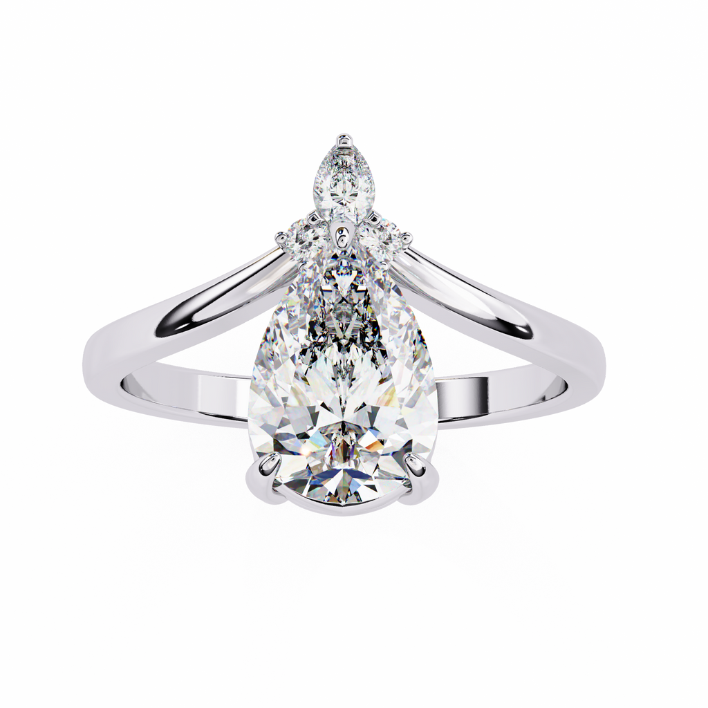 White Gold Pear Cut Diamond Ring with Marquise and Round Crown Accent
