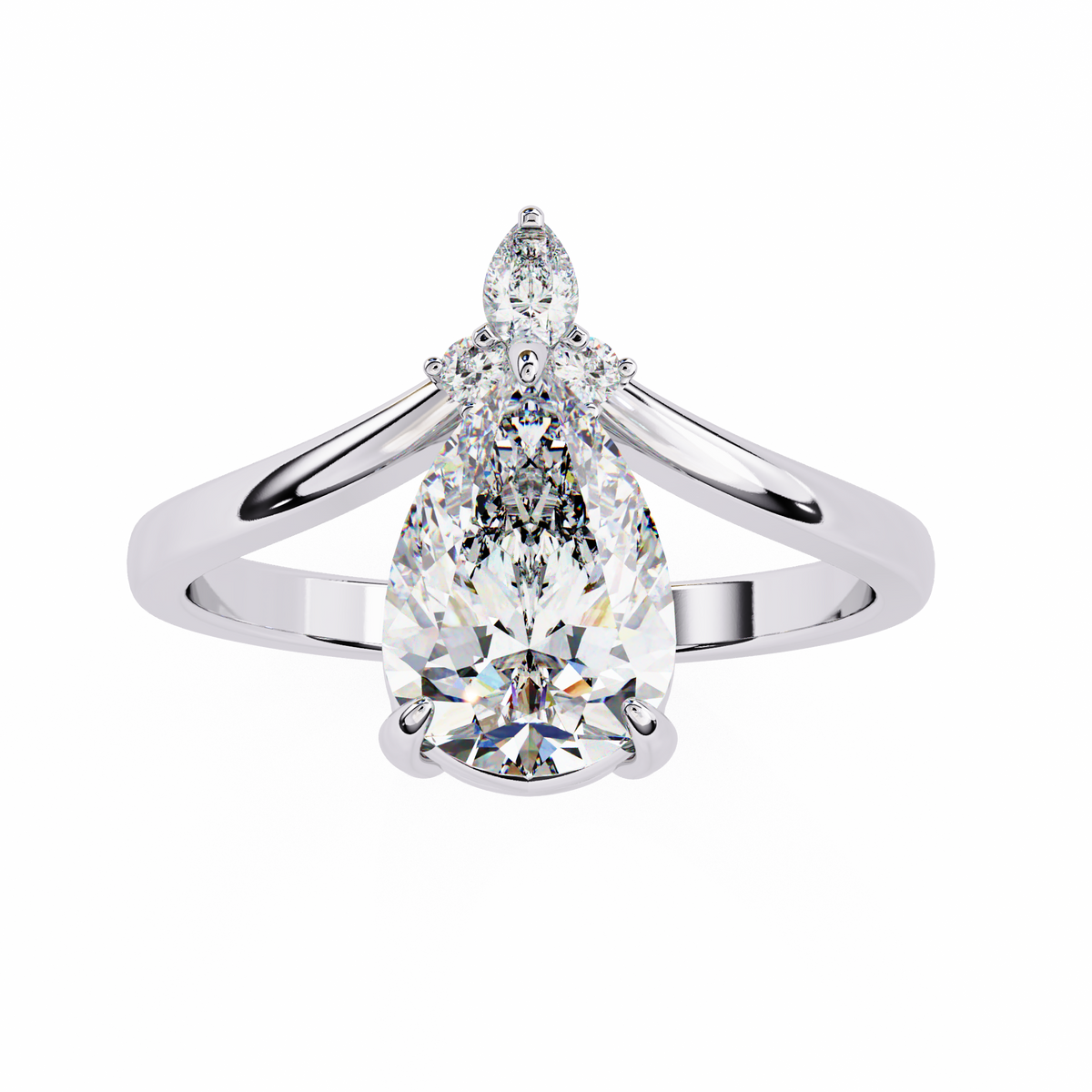 White Gold Pear Cut Diamond Ring with Marquise and Round Crown Accent