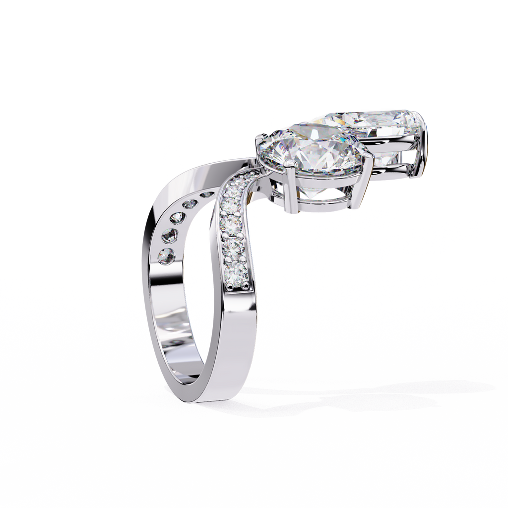 White Gold Pear and Round Cut Diamond Toi et Moi Ring with Pavé Band