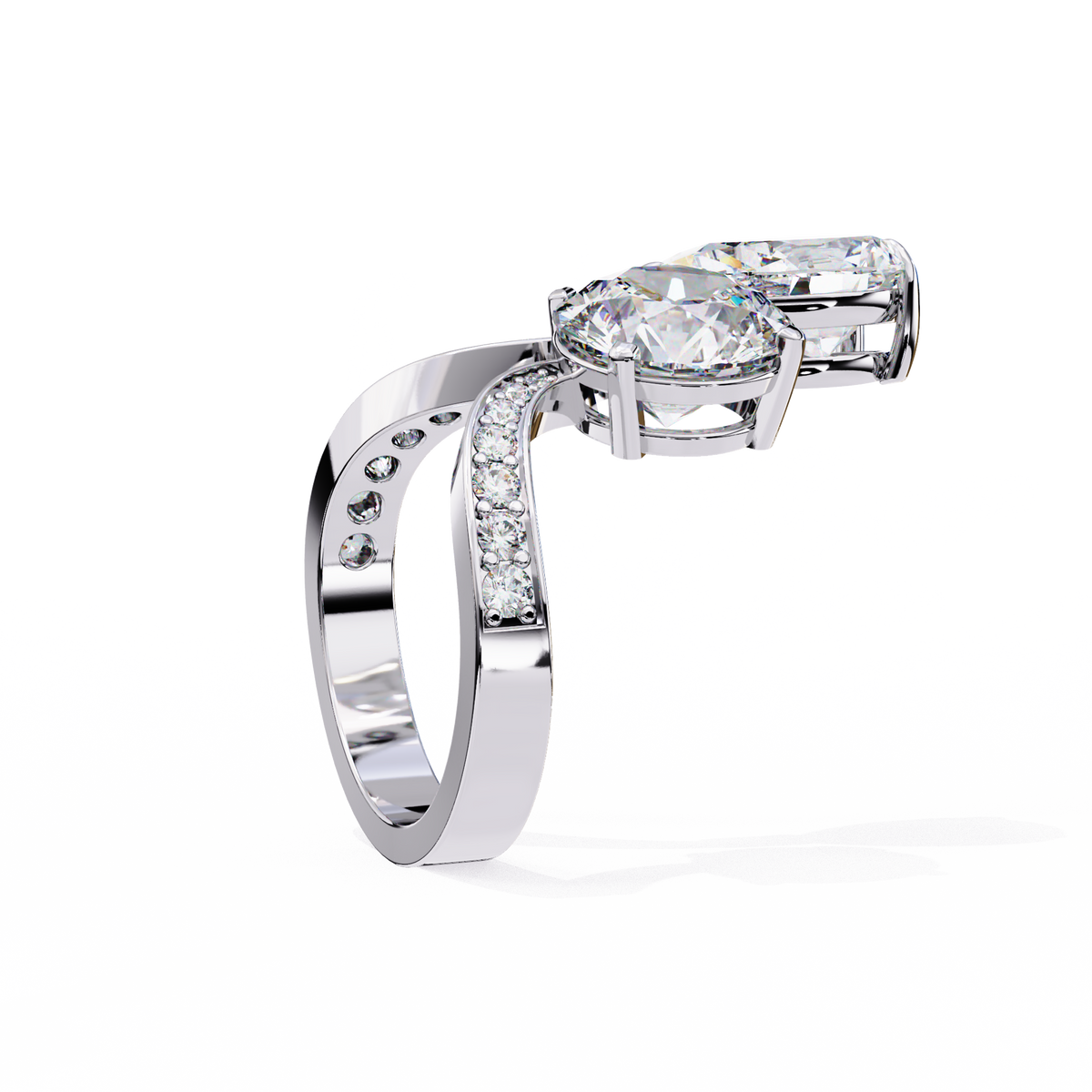 White Gold Pear and Round Cut Diamond Toi et Moi Ring with Pavé Band
