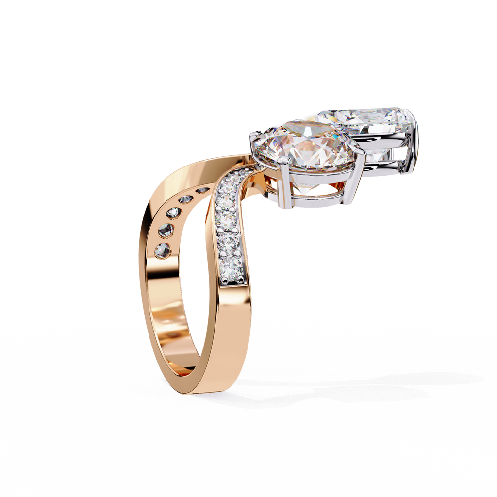 Rose Gold Pear and Round Cut Diamond Toi et Moi Ring with Pavé Band