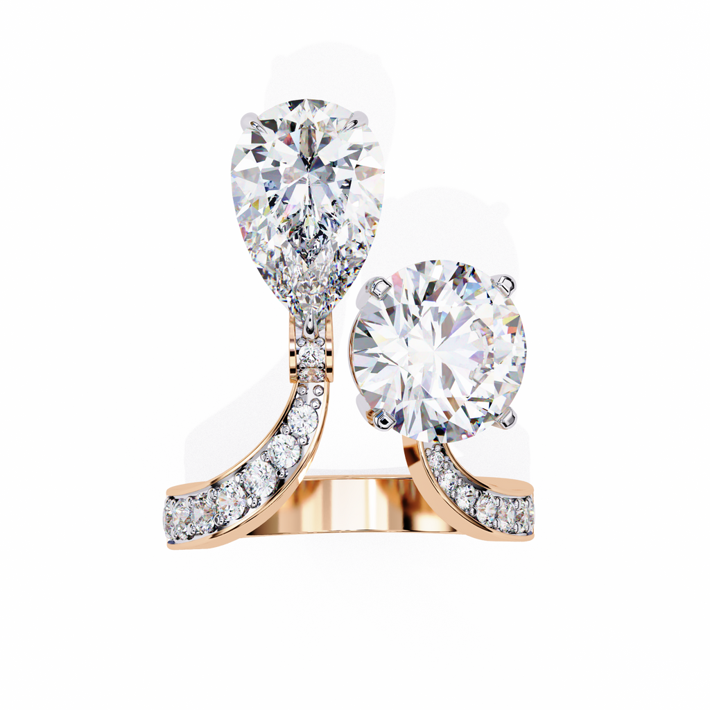 Rose Gold Pear and Round Cut Diamond Toi et Moi Ring with Pavé Band