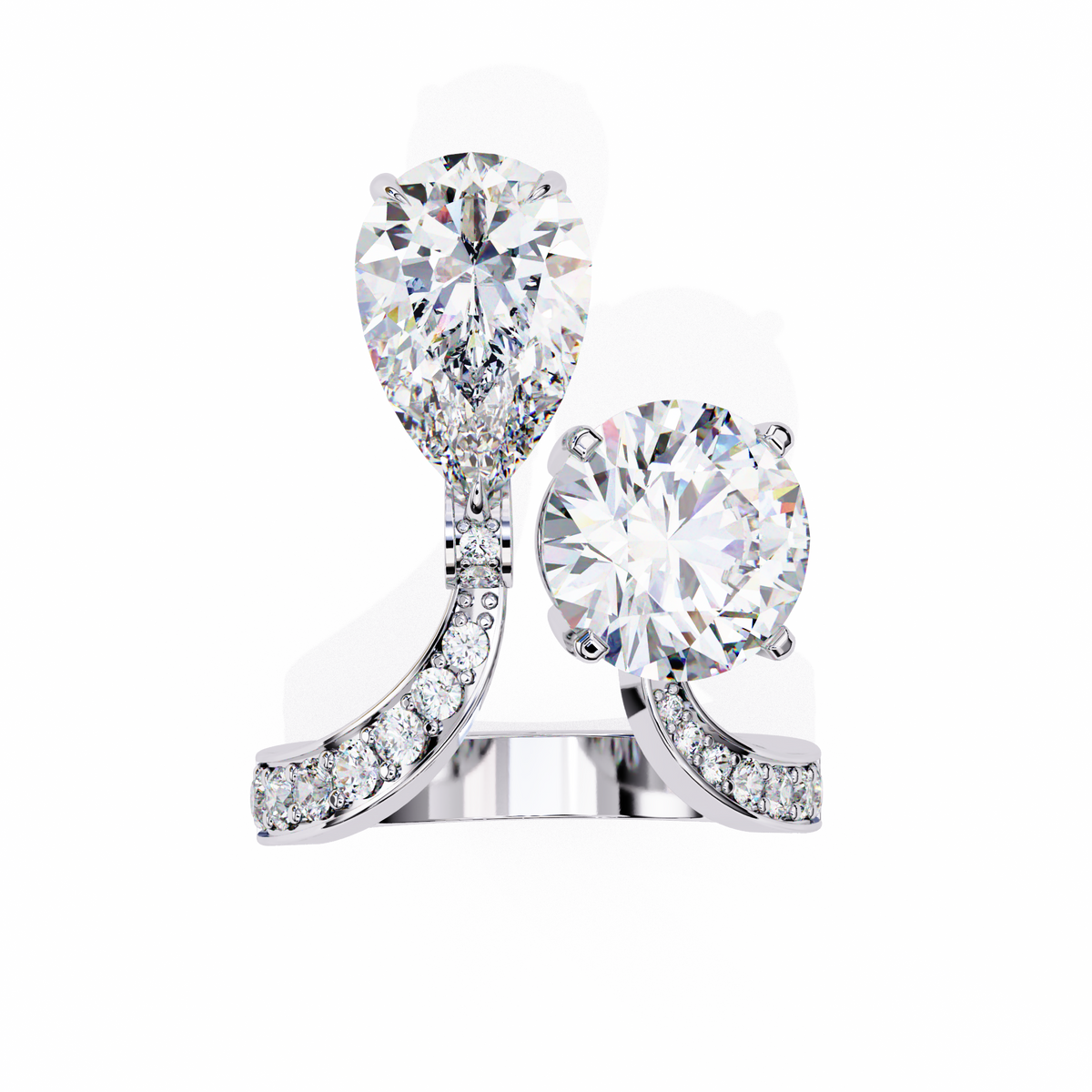 White Gold Pear and Round Cut Diamond Toi et Moi Ring with Pavé Band