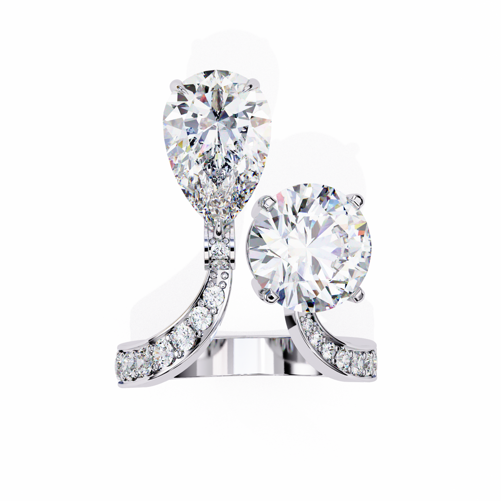 White Gold Pear and Round Cut Diamond Toi et Moi Ring with Pavé Band