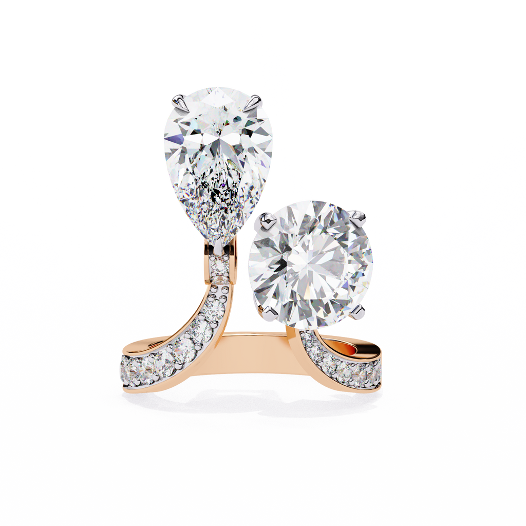 Rose Gold Pear and Round Cut Diamond Toi et Moi Ring with Pavé Band