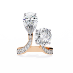 Rose Gold Pear and Round Cut Diamond Toi et Moi Ring with Pavé Band