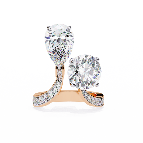 Rose Gold Pear and Round Cut Diamond Toi et Moi Ring with Pavé Band