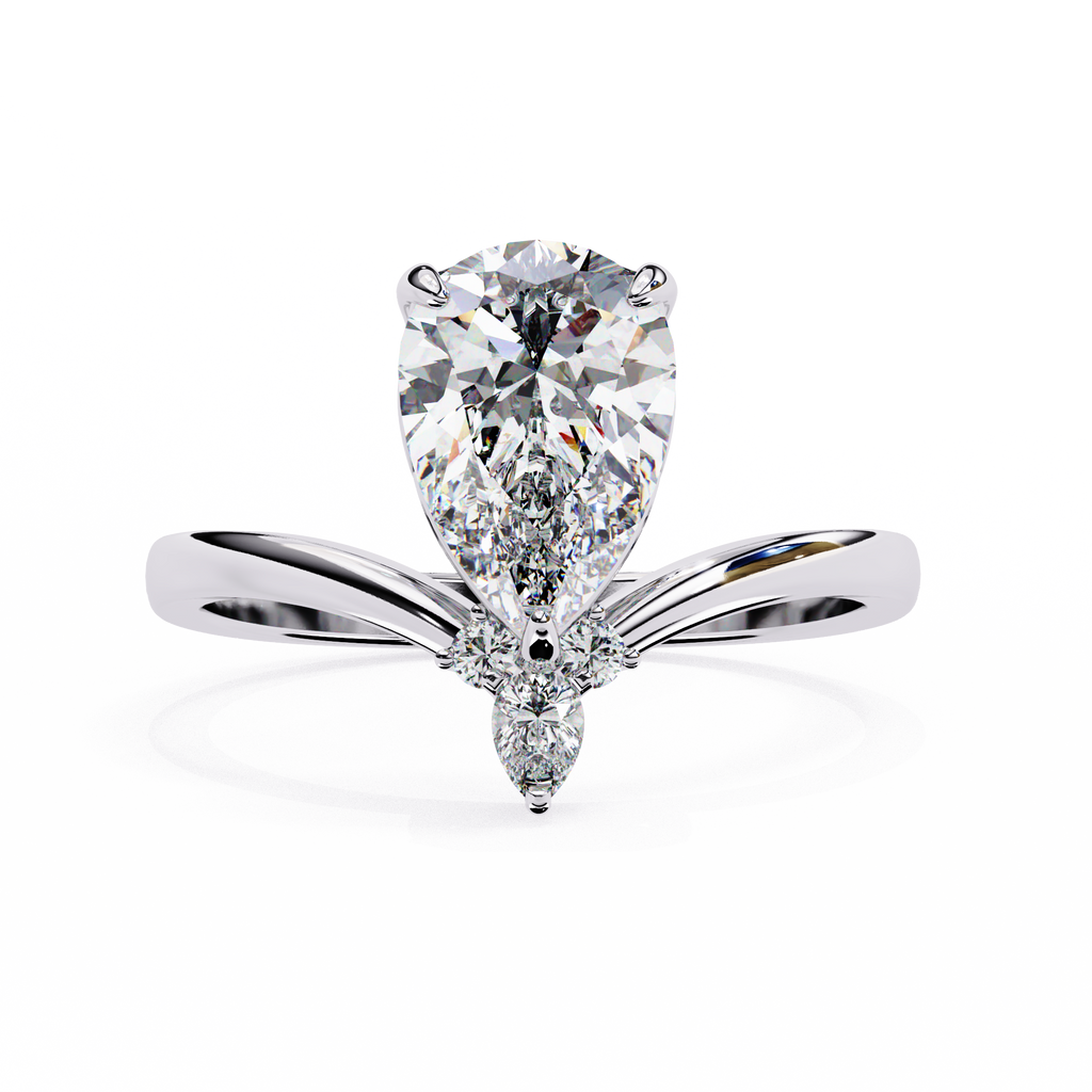 White Gold Pear Cut Diamond Ring with Marquise and Round Crown Accent