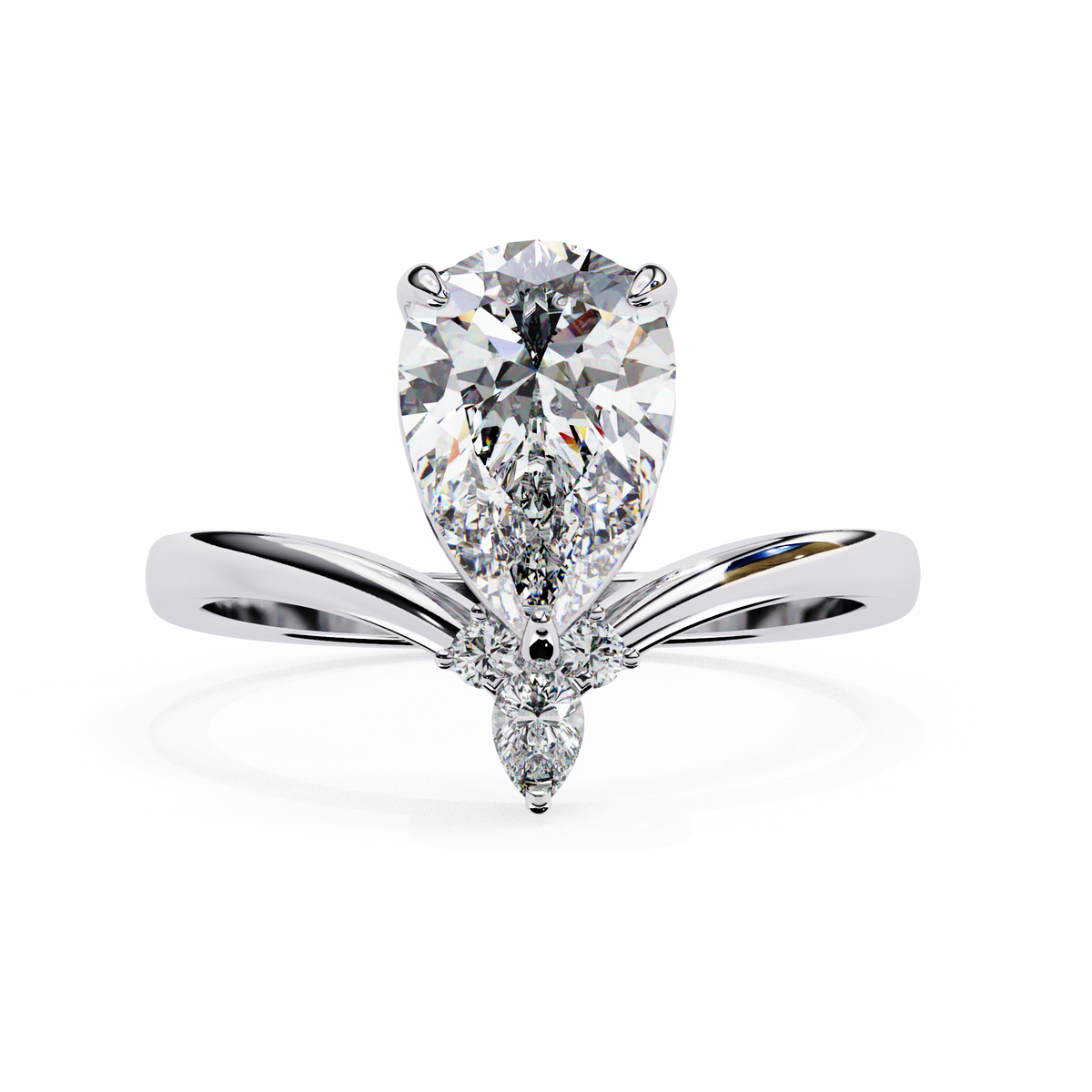 White Gold Pear Cut Diamond Ring with Marquise and Round Crown Accent