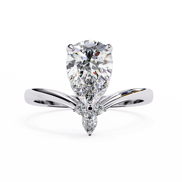 White Gold Pear Cut Diamond Ring with Marquise and Round Crown Accent