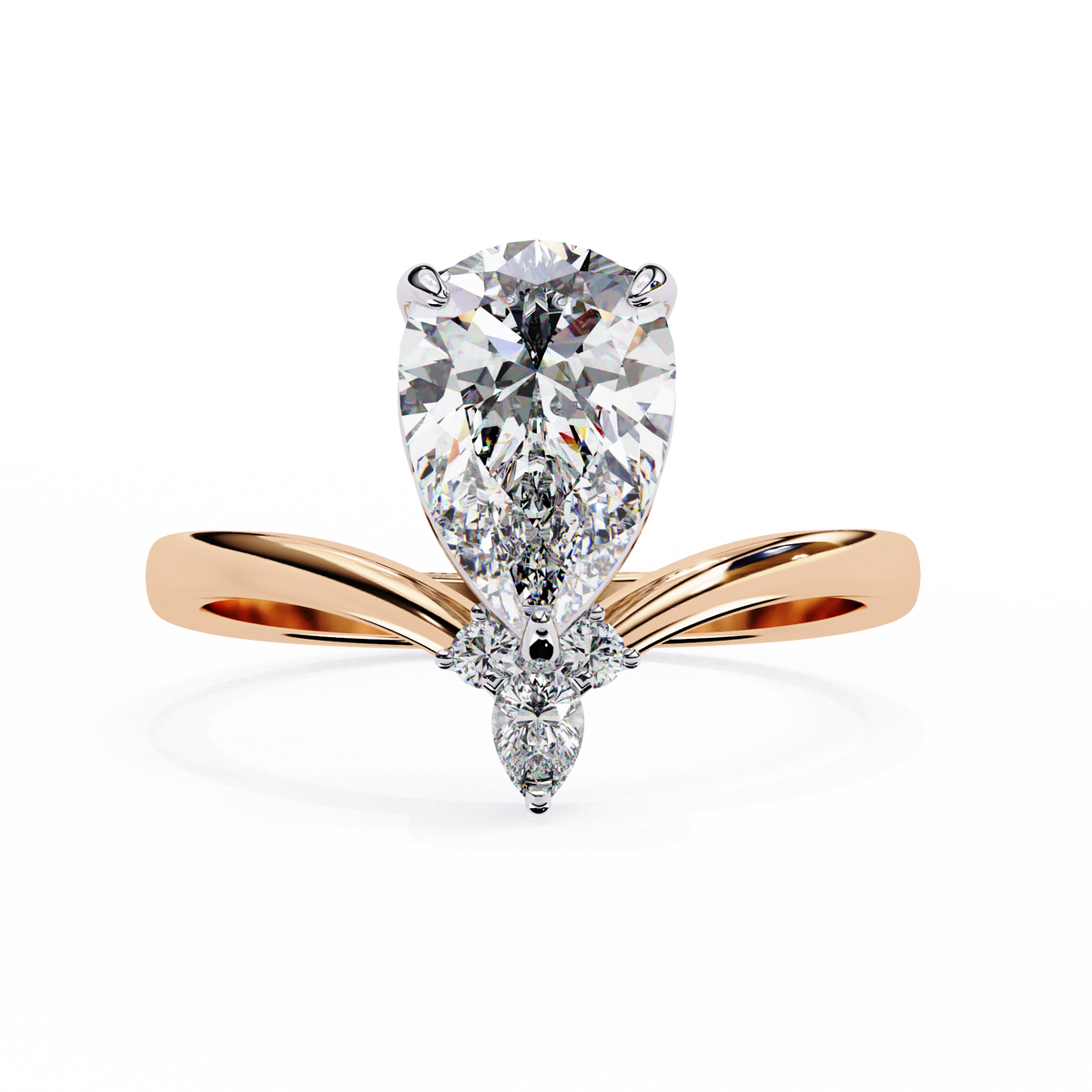 Rose Gold Pear Cut Diamond Ring with Chevron Band and Accent Cluster