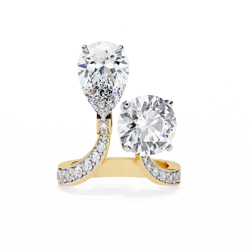 Yellow Gold Pear and Round Cut Diamond Toi et Moi Ring with Pavé Band