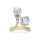 Yellow Gold Pear and Round Cut Diamond Toi et Moi Ring with Pavé Band