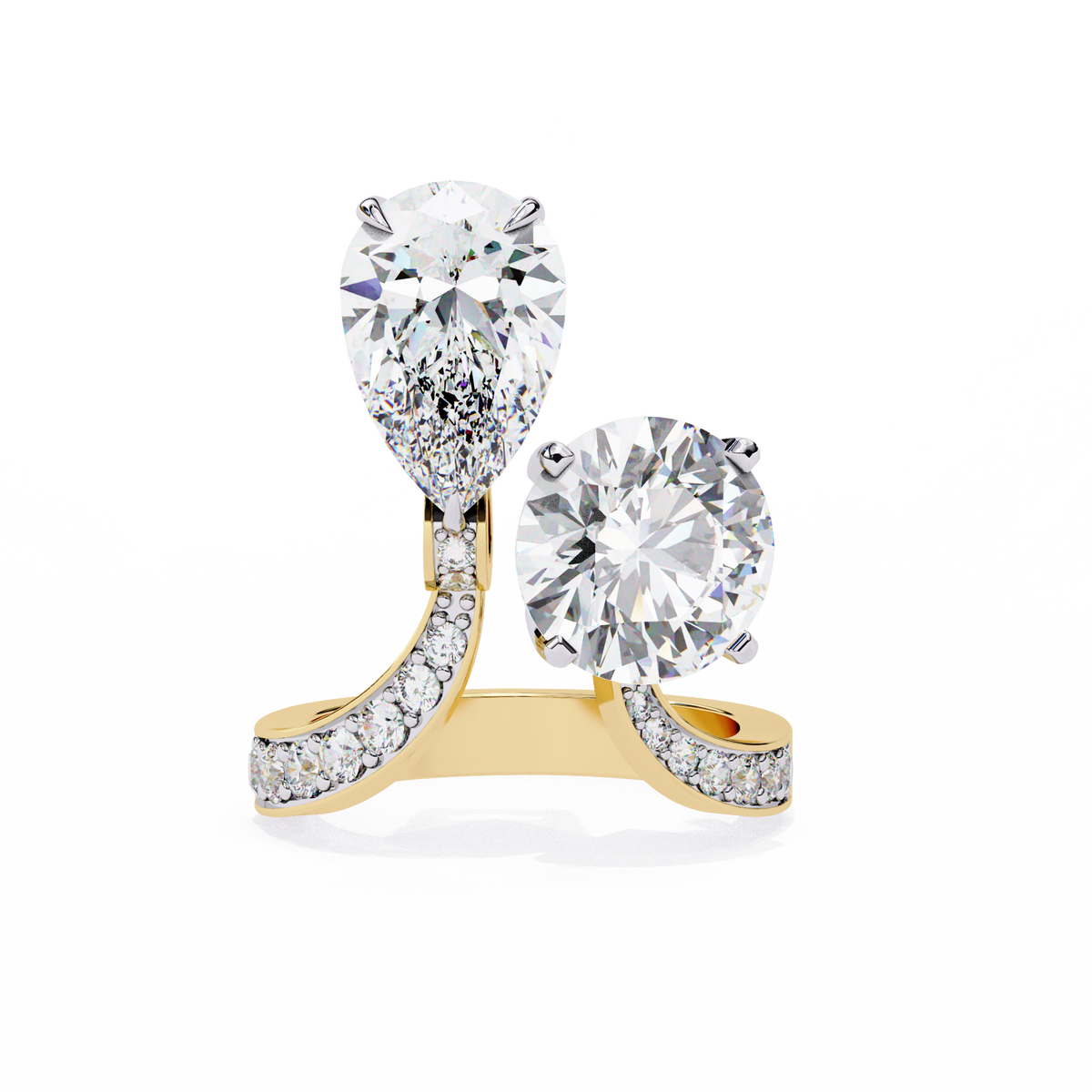 Yellow Gold Pear and Round Cut Diamond Toi et Moi Ring with Pavé Band