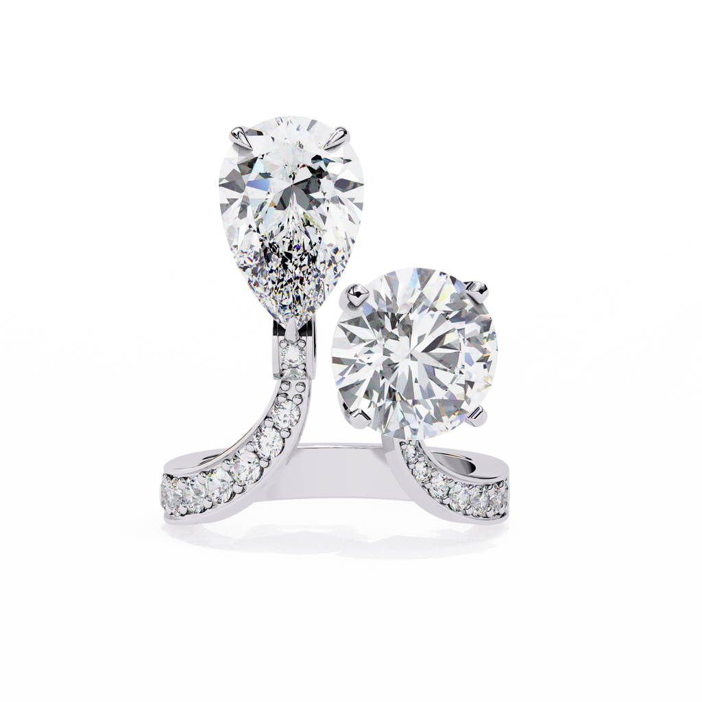 White Gold Pear and Round Cut Diamond Toi et Moi Ring with Pavé Band