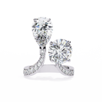 White Gold Pear and Round Cut Diamond Toi et Moi Ring with Pavé Band