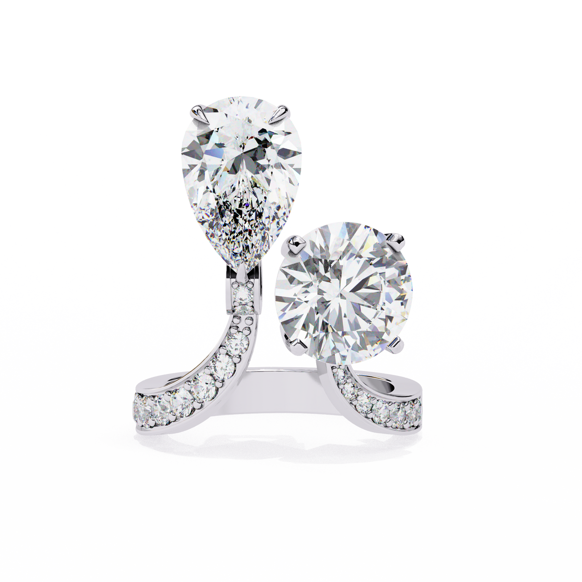 White Gold Pear and Round Cut Diamond Toi et Moi Ring with Pavé Band