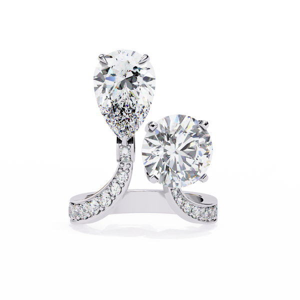 White Gold Pear and Round Cut Diamond Toi et Moi Ring with Pavé Band
