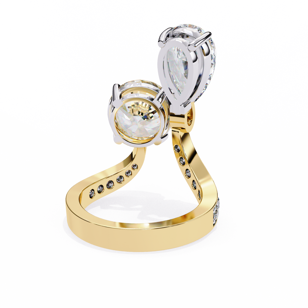 Yellow Gold Pear and Round Cut Diamond Toi et Moi Ring with Pavé Band