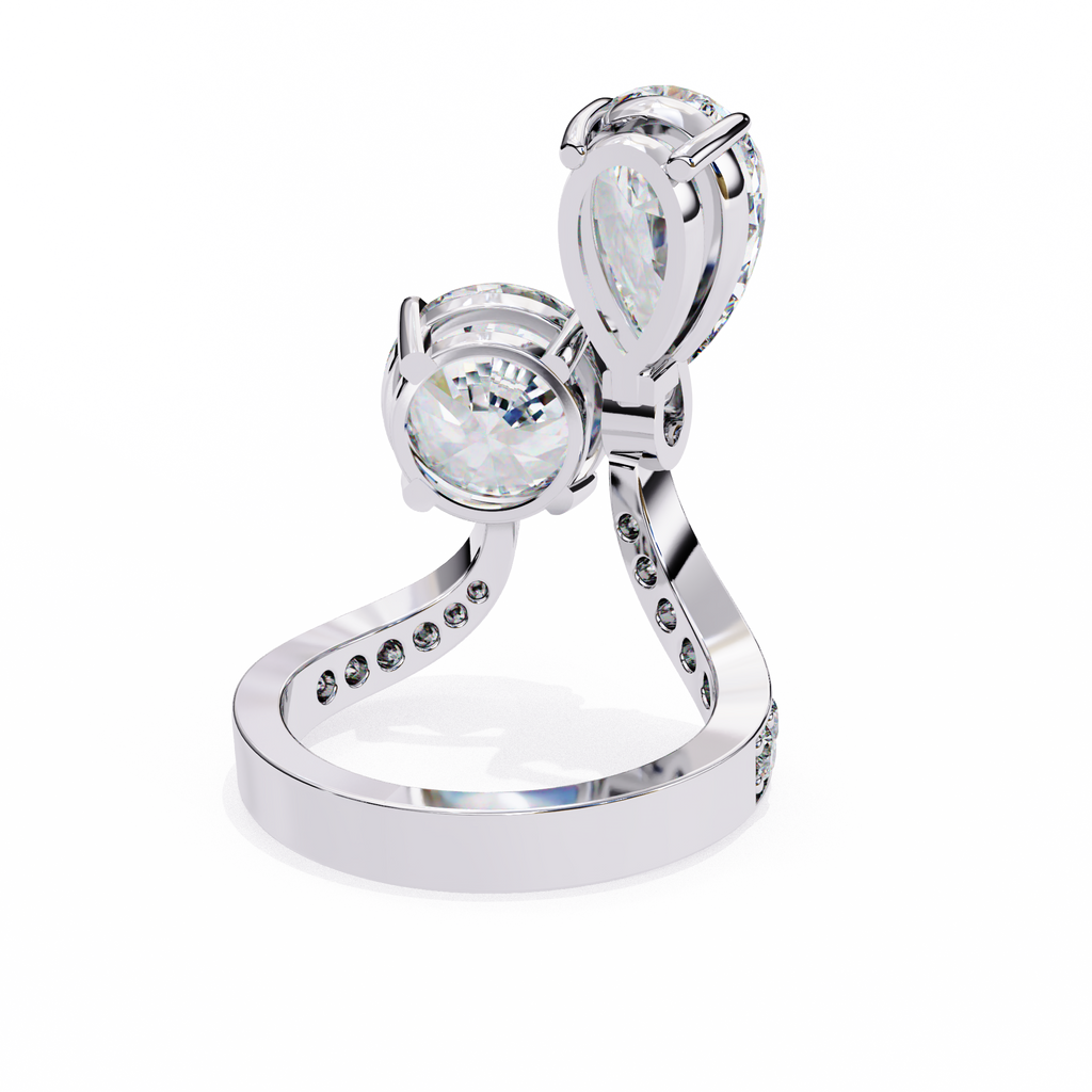 White Gold Pear and Round Cut Diamond Toi et Moi Ring with Pavé Band