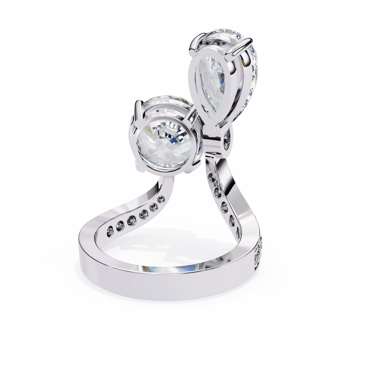 White Gold Pear and Round Cut Diamond Toi et Moi Ring with Pavé Band