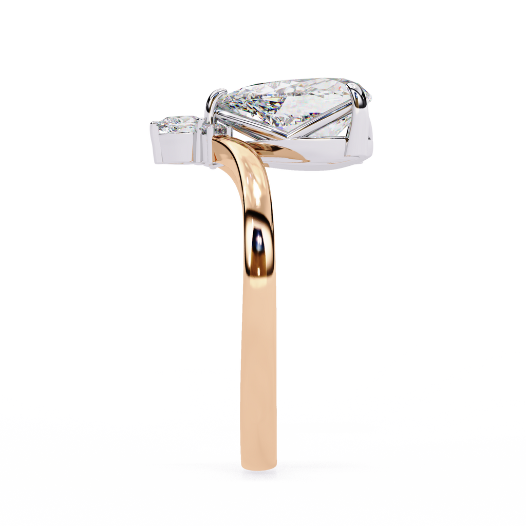 Rose Gold Pear Cut Diamond Ring with Chevron Band and Accent Cluster