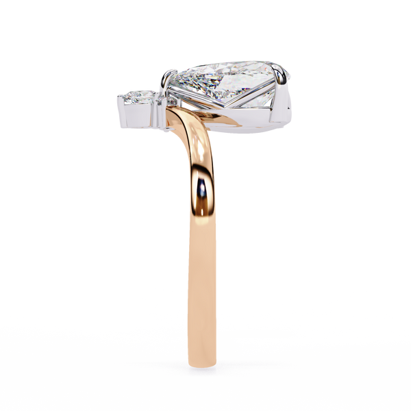 Rose Gold Pear Cut Diamond Ring with Chevron Band and Accent Cluster