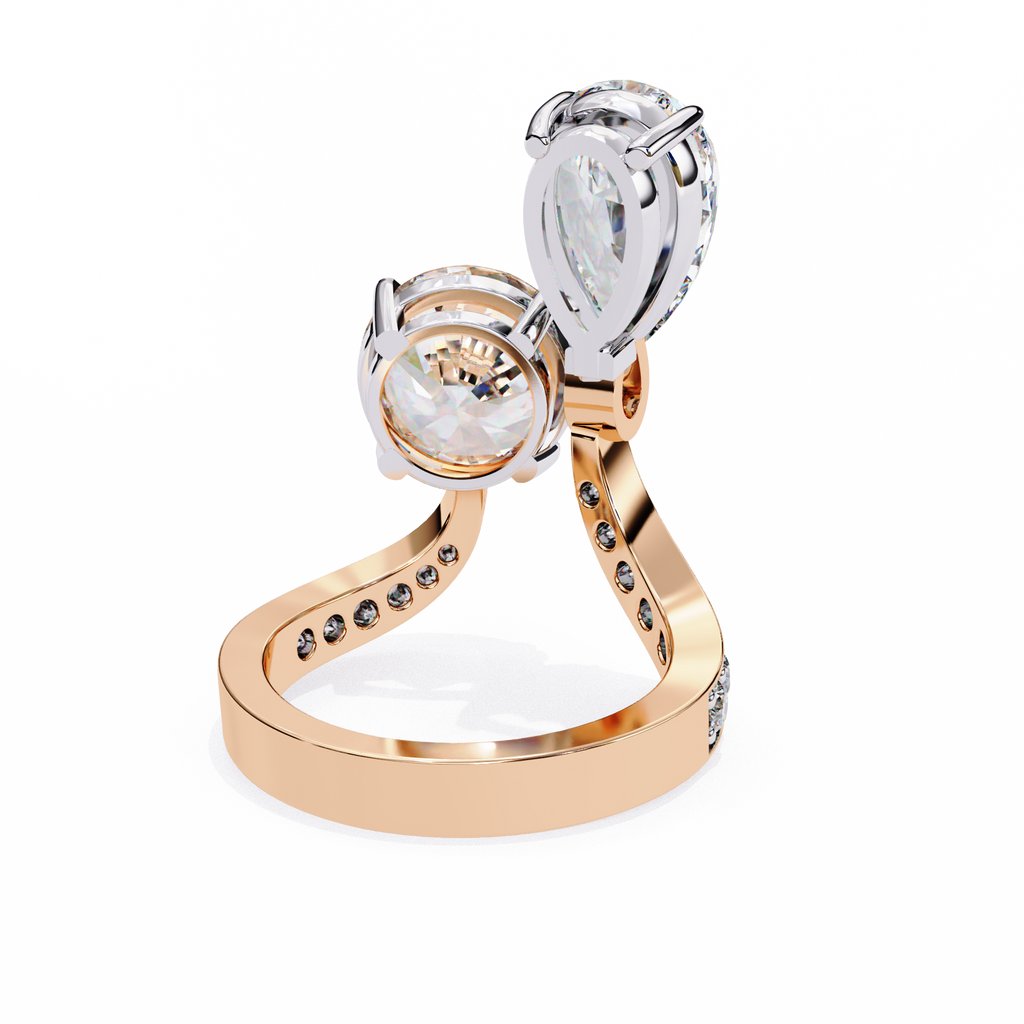 Rose Gold Pear and Round Cut Diamond Toi et Moi Ring with Pavé Band