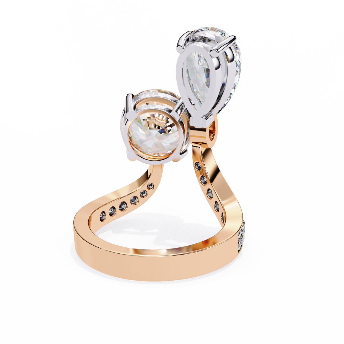 Rose Gold Pear and Round Cut Diamond Toi et Moi Ring with Pavé Band